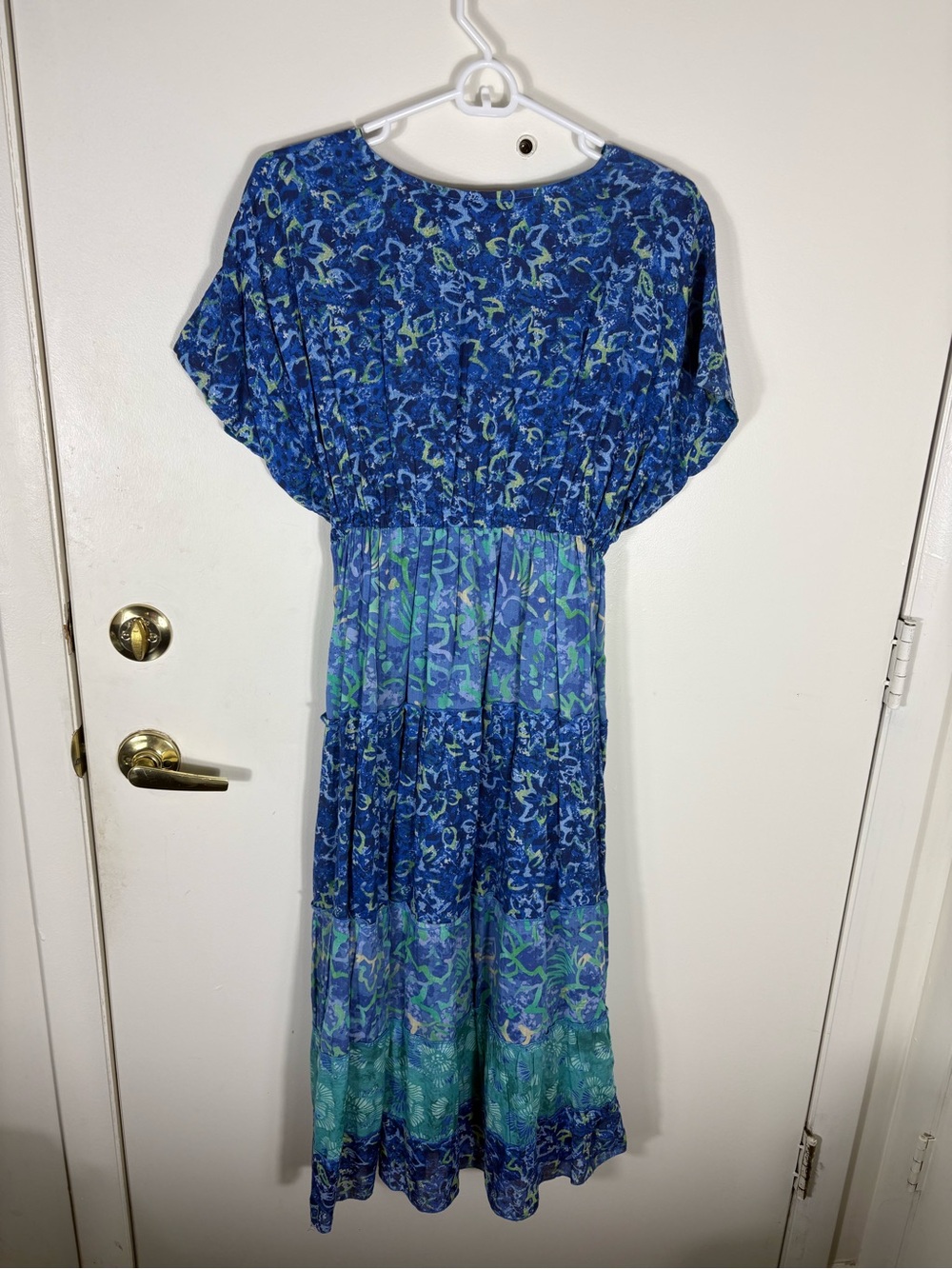 Jane Ashley Women  Sz M BlueTeal Boho cottagecore Tiered dolman V-Neck Midi Dres - Picture 4 of 6